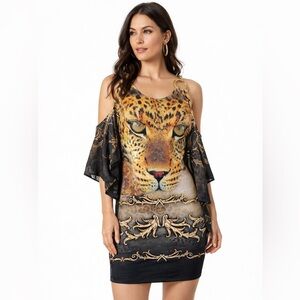 Esha Y2K Leopard Face Mini Dress Rhinestone Chain Strap Bodycon Mob Wife S